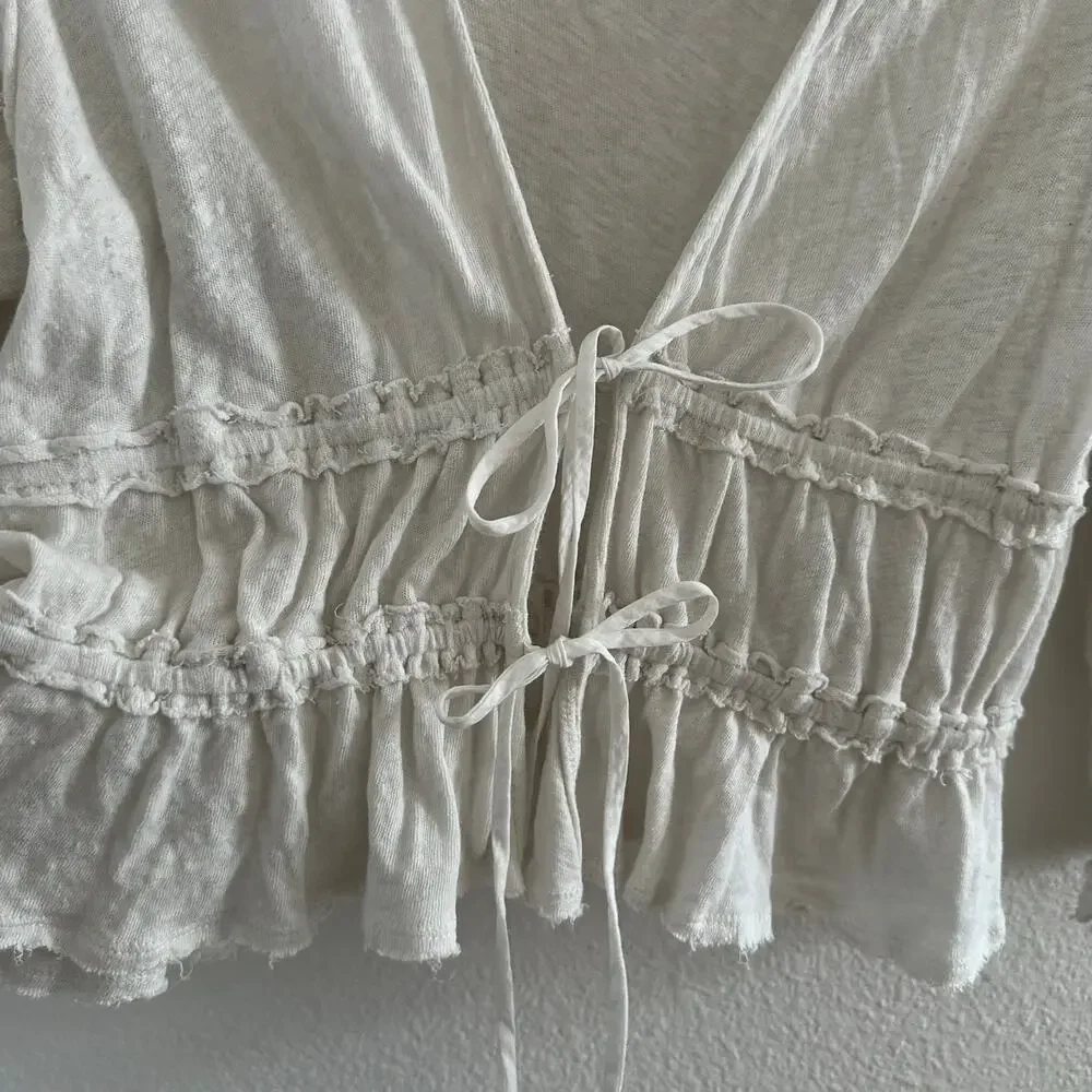 Free People Let's Go Linen Blend Tie Front Jersey Blouse in Ivory Size Large